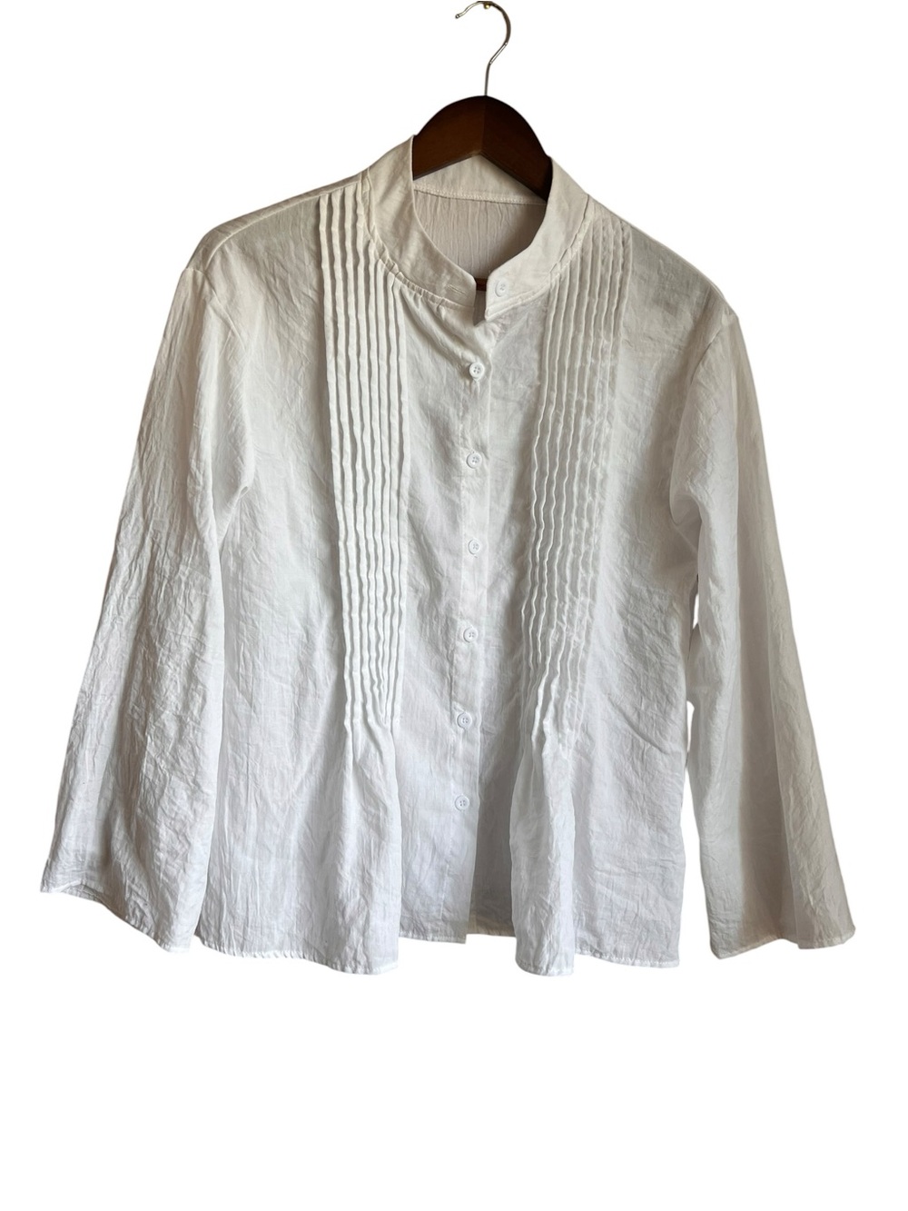 100% Linen Women Medium White Top Pintuck Button Front Mandarin Collar Lagenlook